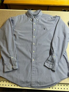 Ralph Lauren Men's Custom Fit Gingham Blue Button-Down Shirt with Navy Polo Logo